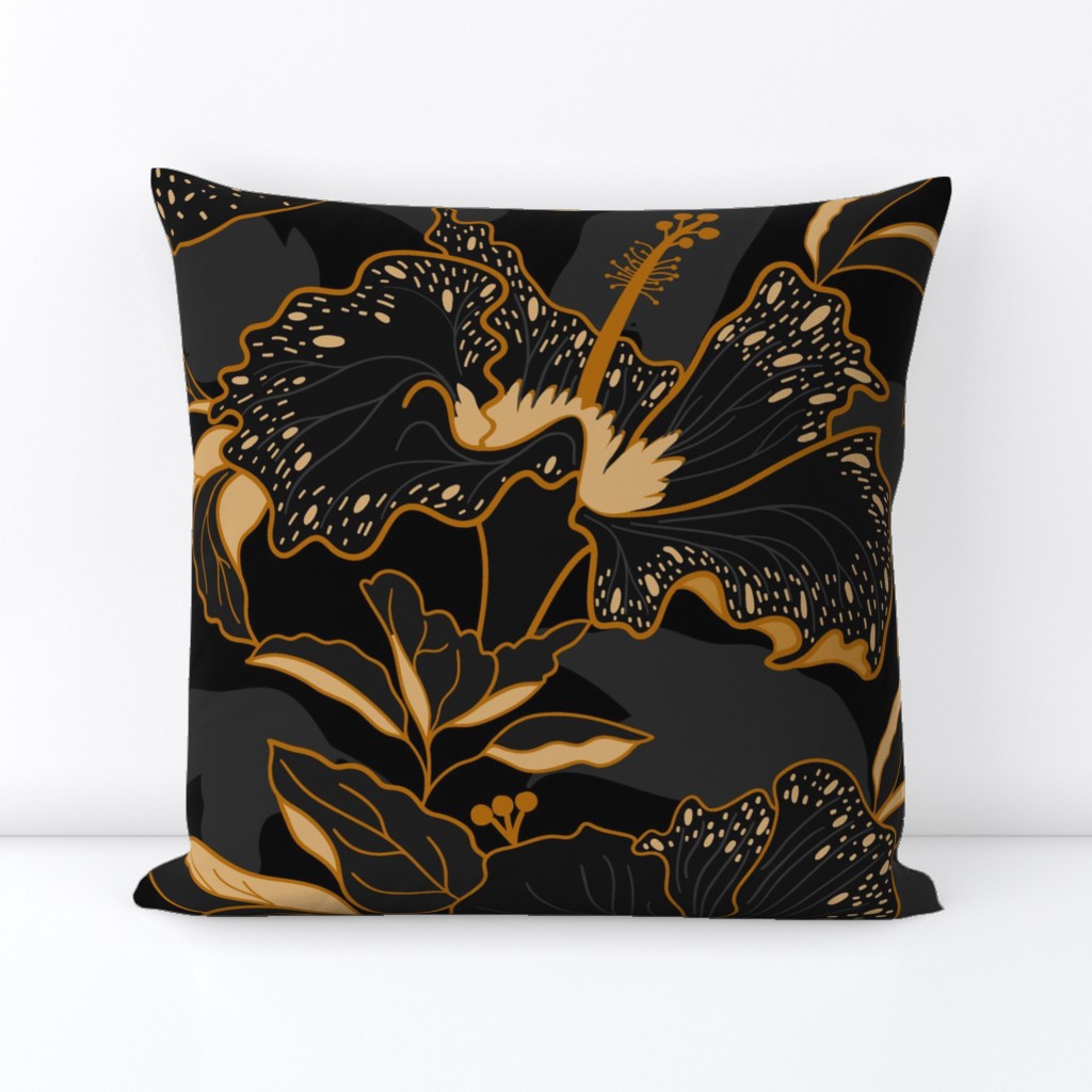 moody tropical hibiscus-moody floral-black and gold-jumbo scale