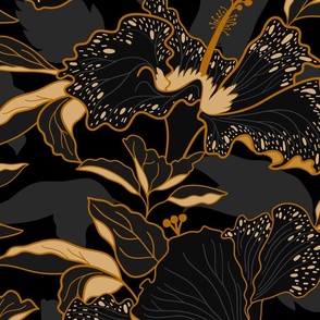 moody tropical hibiscus-floral-black and gold-jumbo