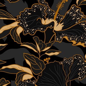 moody tropical hibiscus-moody floral-black and gold-jumbo scale