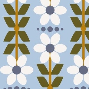 Medium scale  olive green, white and blue folk art floral stripe, two directional, for tablecloths, duvet cover, wallpaper and children apparel 
