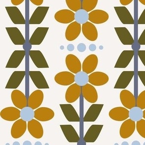 Medium scale modern bold retro two directional floral in mustard, olive green and palest blue, for tablecloths, bed sheets, curtains, upholstery and wallpaper