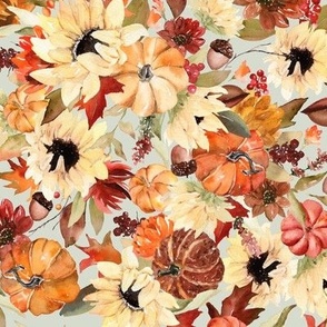 Fall Sunflowers, Pumpkins and Maple Leaves / Sage Gray