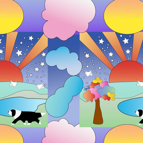 Peter Max Inspired Clouds, sun, stars in large blocks
