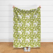 Enchanted Dream - white on olive green, medium to large 