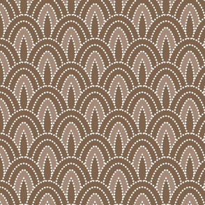 art deco trees and mountains, Point-to-point fish scales, brown, floral, abstract, soft brown, white, geometric, art nouveau, dot art