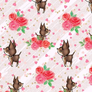 Chihuahua Dogs, small dog pet, barkitecture fun print, animal pattern, pink hearts flowers pink roses Dogfriendly dog lover cheihua Romantic pattern