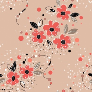 Blooming Flowers, beige, red orange, floral design, summer, floral, dress pattern, red flowers, blossom, flowers, flower design, orange flowers, flower pattern, confetti, beads, summer, black, pearls, plant.