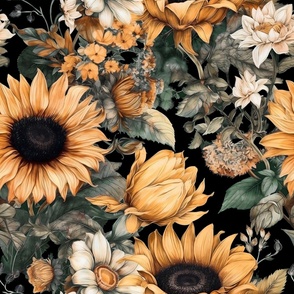 sunflowers, floral,  large scale, yellow flowers, large sunflowers, black background, picturesque, plants, natural design, sunflower field, flowers, flowers on black, large leaves