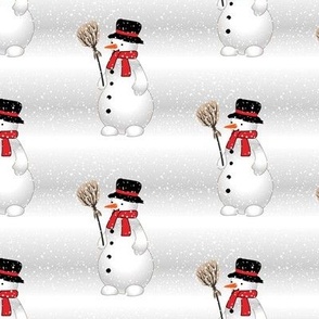 Snowman, Christmas, Christmas pattern, gray, white, drifts, snowflakes, winter holidays, fun, cute snowman, snowman with a broom, winter fun, Christmas decor, red scarf, black hat