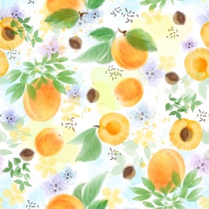 Stone Fruits, apricots, fruit pattern, orchard, sweet apricot, sunny, yellow, summer fruit, fresh food, vegetarian food, cheerful, fruit design, hand drawn fruit.