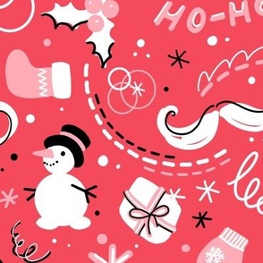 Christmas holidays, winter holidays, red Christmas, funny design, snowflakes, red and pink, christmas tree, tree decorations, christmas decor, red and white, christmas stuff, christmas fun, cute christmas, cute snowmen.