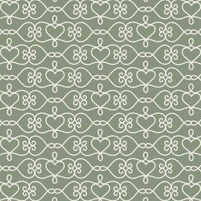 Heart Scroll: Cotton White on Sage Green