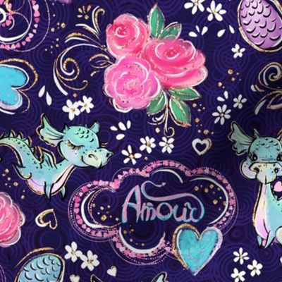 Little dragon, heart pattern, children room, dark blue, turquoise, kid design, pink roses, floral design, rose flowers, dragons, fantasy, Ditsy, flower dragon, black ditsy