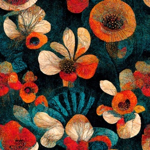 floral pattern in art deco style, felt, felt felting, big flowers, bright, exotic flowers, hot, large scale, dramatic, spectacular design, abstract, picturesque