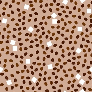 Coffee pattern, arabica, cappuccino, coffee, coffee beans, sugar, coffee with sugar, coffee with milk, food, drinks, coffee design, brown and beige, white and brown.