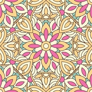 Magenta, Teal, and Peach Stained Glass Floral Design