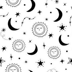 Sun, Moon, and Stars Black and White