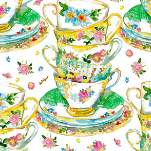 Vintage Tea Cups Fabric, Wallpaper and Home Decor