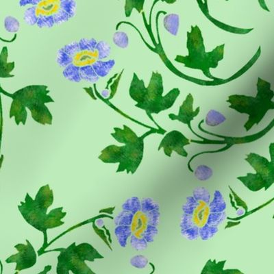 Blue Anemone Flower Spiral Stencil on Green