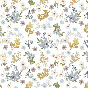 FF pat 5 small scale painterly soft hued field flowers farmhouse cottage floralslavender gold periwinkle artistic terriconraddesigns