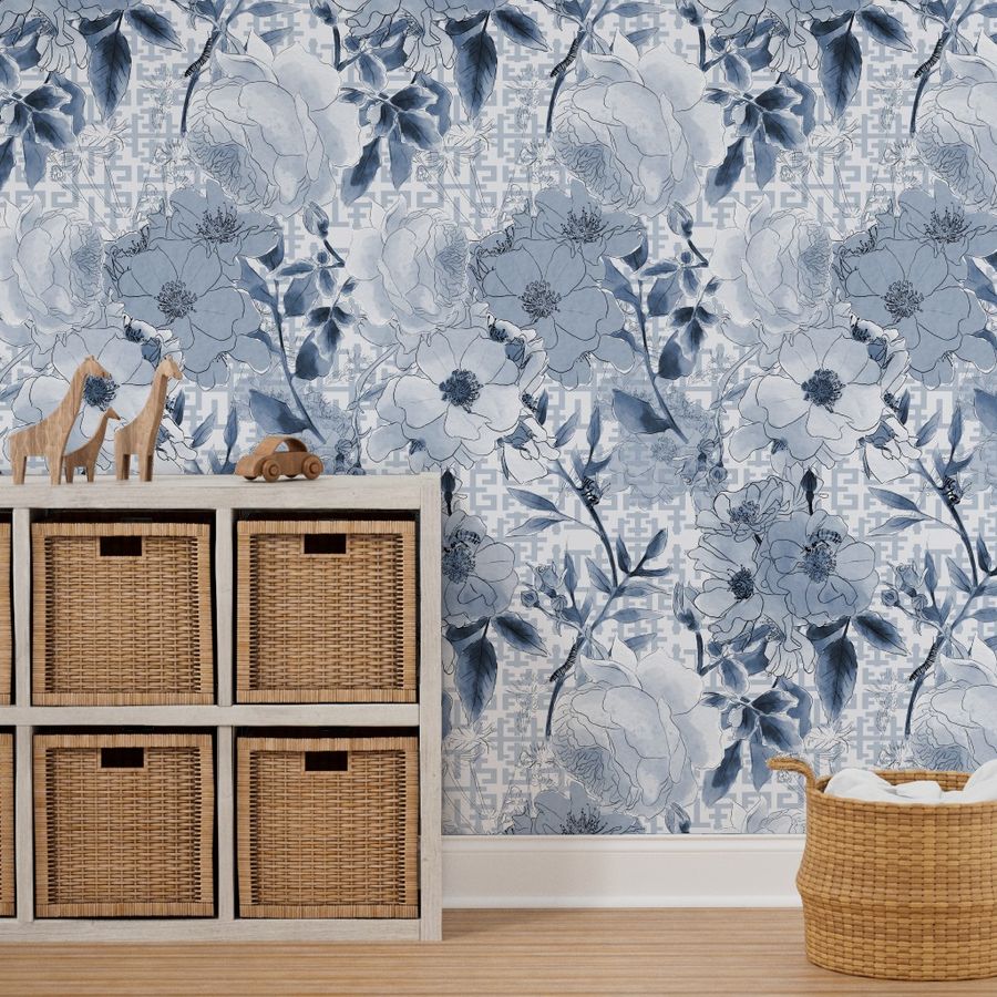 Floral Chinoiserie -indigo (large) Wallpaper | Spoonflower