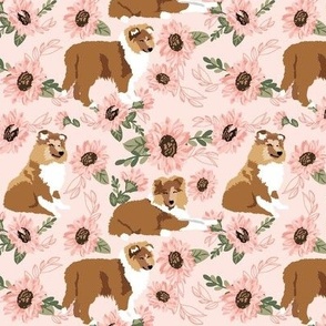 Collie Dog pink sunflowers floral brown rough collie puppy- dog fabric