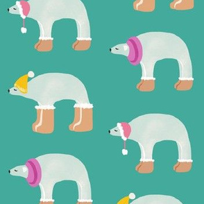 Polar bears in winter woollies, teal. 