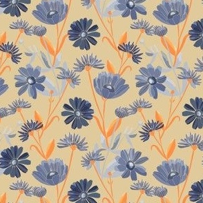 Navy Blue and Orange Contrasting Seamless Floral Pattern