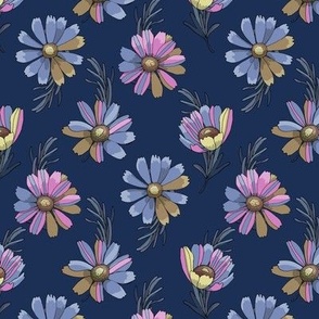 Dark Floral Repeating Pattern with Blue and Purple Flowers