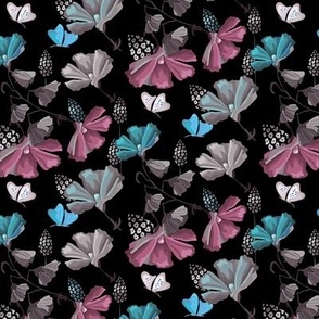 Blue, Purple, and Gray Dark floral and butterfly pattern