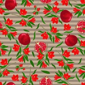 Pomegranate fruits and red flowers on beige stripes.