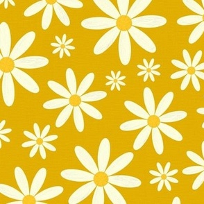 Retro Daisies in Golden Mustard Yellow Color, Sunny Summer Floral Pattern, Vintage 60s 70s Print
