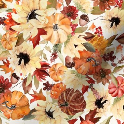 Fall Sunflowers, Pumpkins and Maple Leaves / Bone