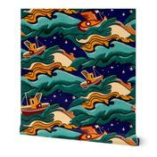 Retro Art Deco cut out boats on stormy seas large