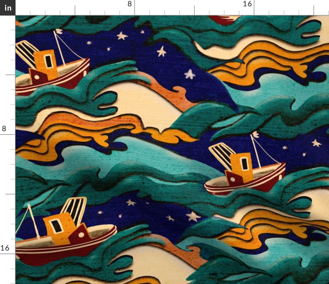 Retro Art Deco cut out boats on stormy seas large