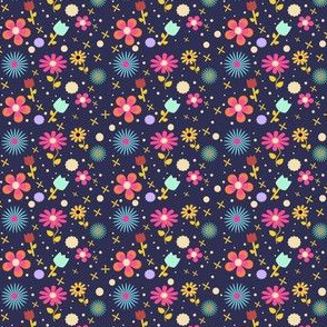 Ditsy Garden Geometric Flowers Field  on Navy