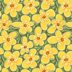 spring flowers, green and yellow, nature design, floral pattern, wild plants,  yellow flowers, summer meadow,  blooming, garden flowers