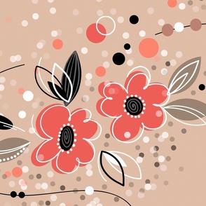 Flowers, warm palette, red, beige, floral pattern, floral design, dress pattern, red flowers, large scale, blossom, bloom, floral, blooming, confetti, beads, orange, black