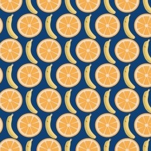 Oranges and bananas on a navy background