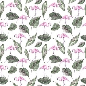 Pink Flamingos and Giant Tropical Leaves