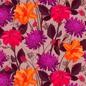 Magenta, Purple, and Orange Floral Seamless Pattern