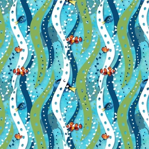 Keep on Swimming - Navy, White, Green Kelp with Fish on Water