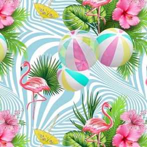 Collage, flamingo, tropical leaves, swimming pool, beach, pink flamingo, tropical,  holidays, resort, white blue stripes, whimsical, vacation, beach ball, cheerful, tropical flowers hibiscus.