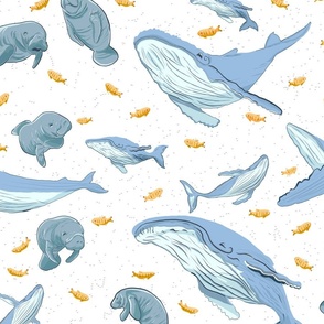 Humpbacks and Manatees with yellow fish on white_medium scale