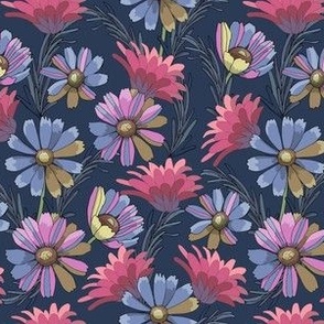 Bright Blue, Purple, Pink, and Blush Flowers on Navy