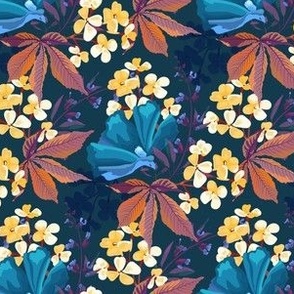 Brown, Blue, and Yellow Flowers and Leaves