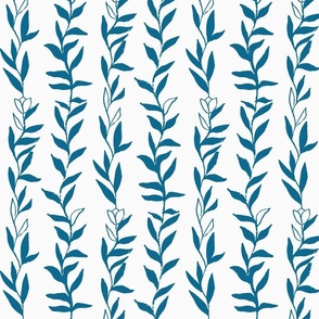 Ink Drawing of Vertical Vines in a Summertime Blue on Off-White