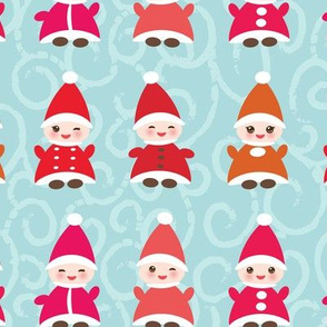 Happy New Year Funny gnomes in red hats seamless pattern on blue background. 