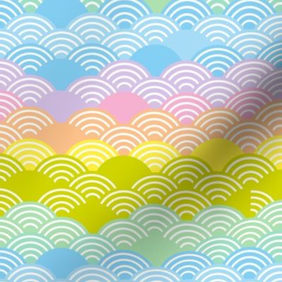 Seigaiha or seigainami literally means blue wave of the sea. rainbow seamless pattern abstract scales simple Nature background japanese circle purple pink yellow blue green pastel colors. Vector illustration