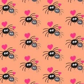 Cute spiders in love on orange